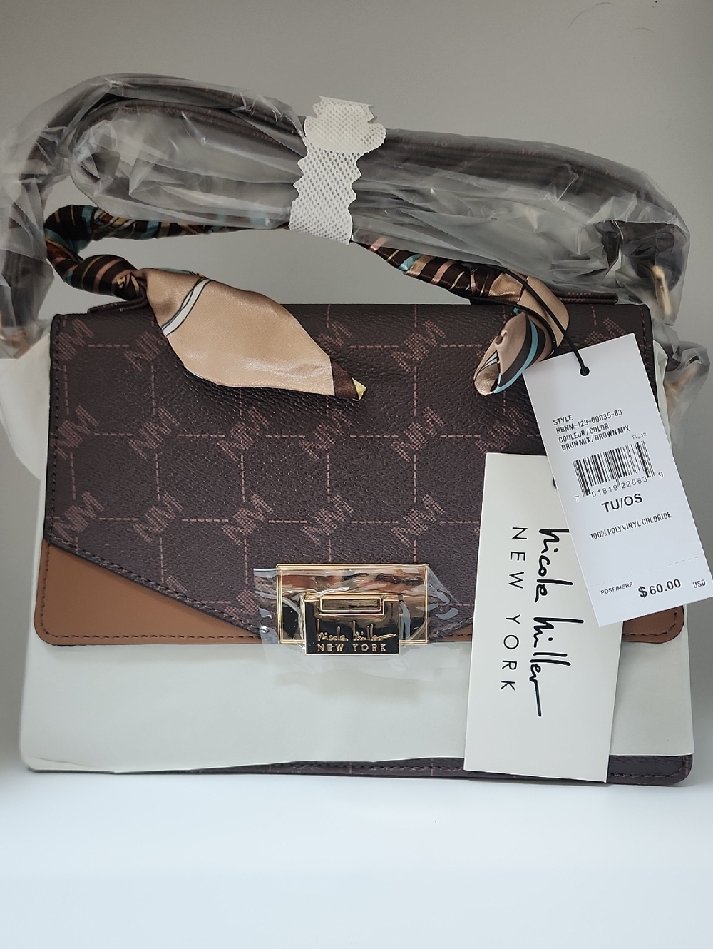 Nicole Miller Scarf And Strap Handle Monnogram Crossbody Bag